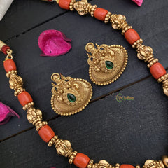 Vriksham Gold Look Alike Lakshmi Pendant Coral Beaded Mala-Green-G17038