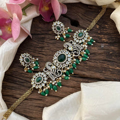 Designer Victorian Diamond Mayil with Flower Choker-Green Beads-VV1637