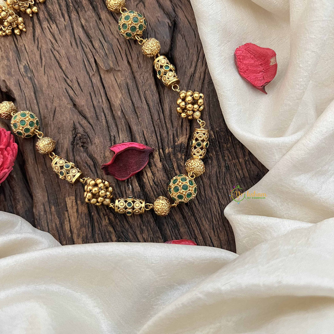 Vriksham Vethakam Traditional Gold Ball Green Emerald Beaded Neckpiece–G20658