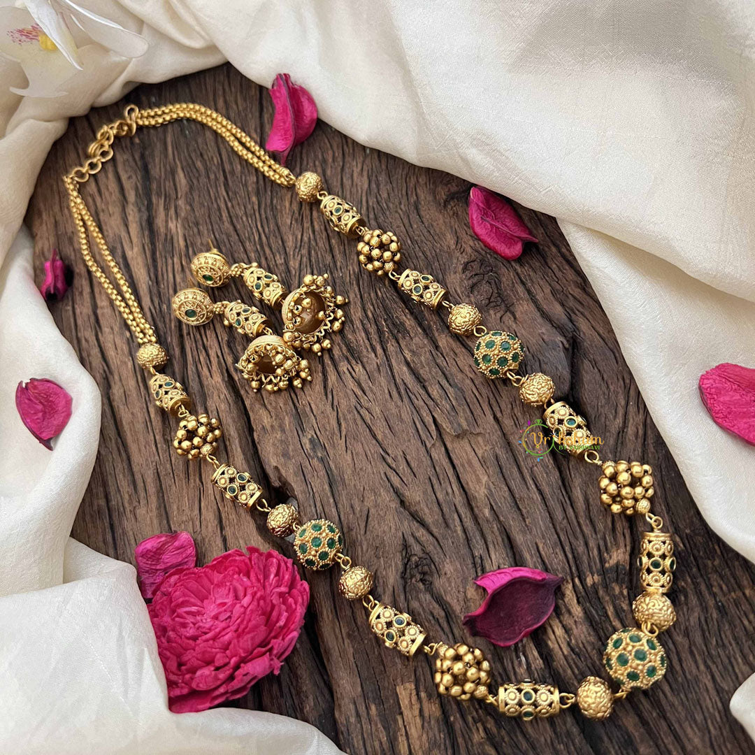 Vriksham Vethakam Traditional Gold Ball Green Emerald Beaded Neckpiece–G20658