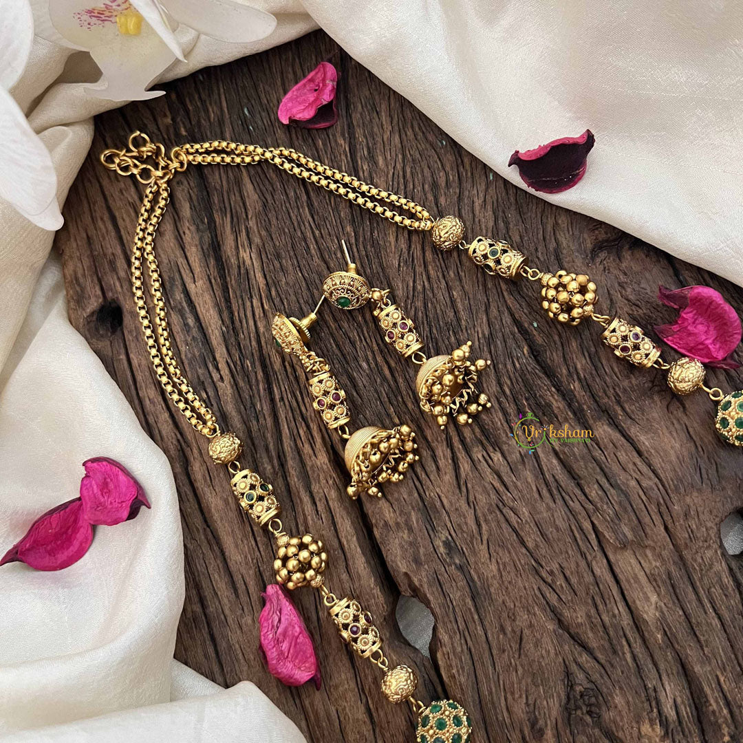 Vriksham Vethakam Traditional Gold Ball Red Ruby & Green Emerald Beaded Neckpiece-G20660