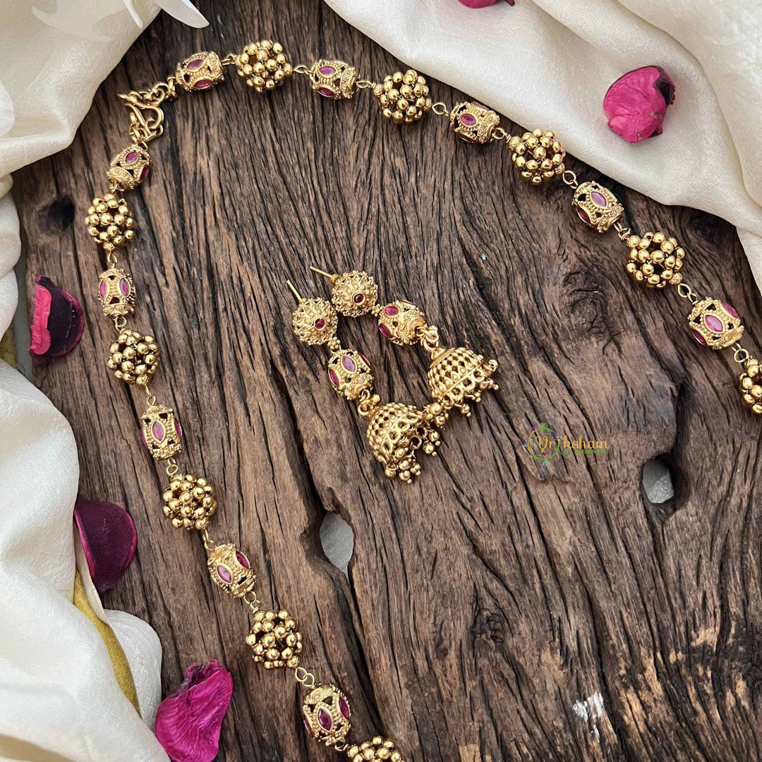 Vriksham Temple Inspired Kundan & Gold Ball Red Ruby Beaded Neckpiece-G20663