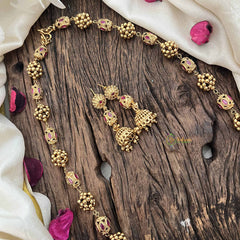 Vriksham Temple Inspired Kundan & Gold Ball Red Ruby Beaded Neckpiece-G20663