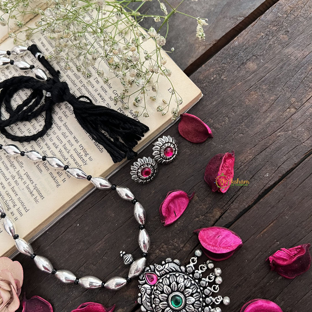 Vriksham Oxidized Silver Floral Pendant Long Neckpiece-Red Green-S973