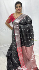 Vriksham Majestic Black Color With Silver Zari Palakku Border Kanchi Silk Saree-VS4743