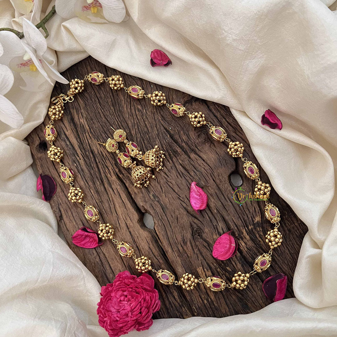 Vriksham Temple Inspired Kundan & Gold Ball Red Ruby Beaded Neckpiece-G20663