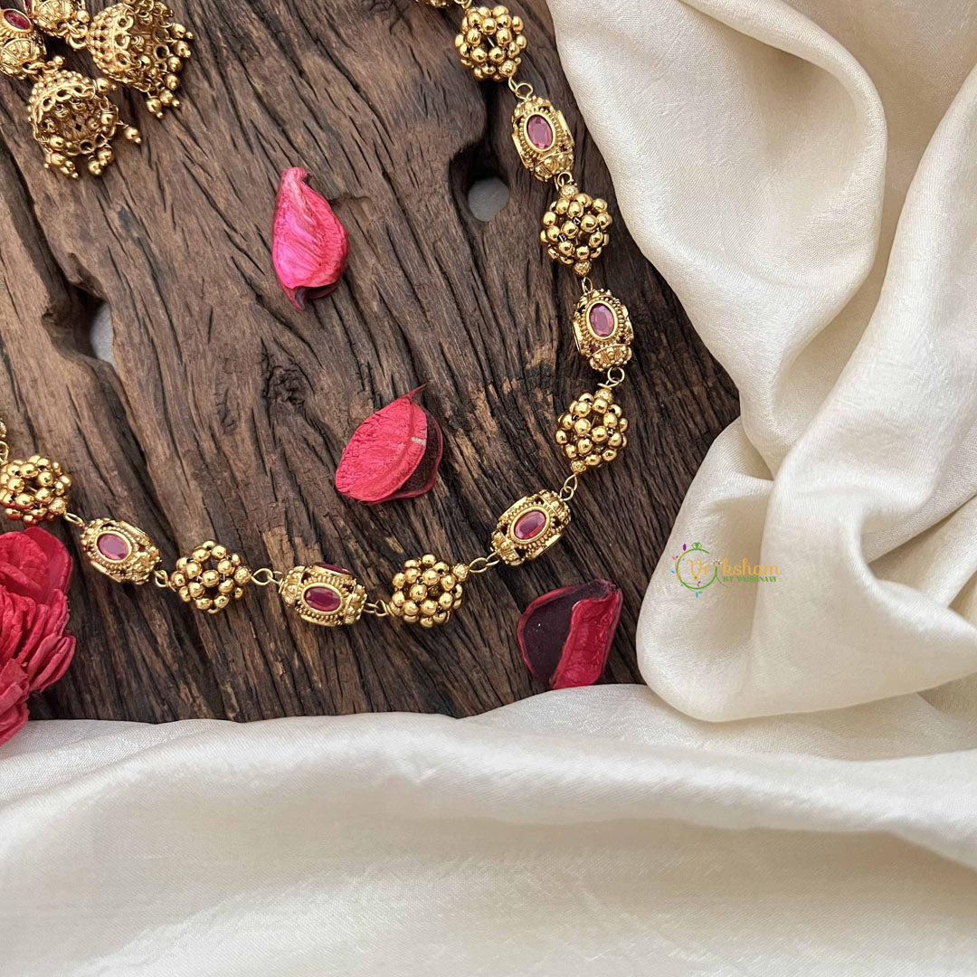 Vriksham Temple Inspired Kundan & Gold Ball Red Ruby Beaded Neckpiece-G20663