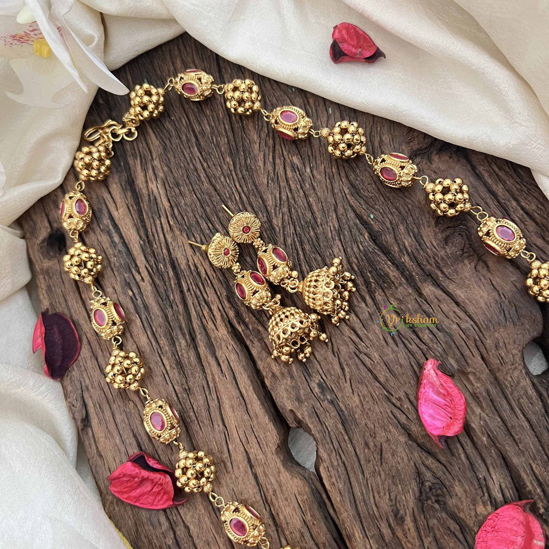Vriksham Temple Inspired Kundan & Gold Ball Red Ruby Beaded Neckpiece-G20663