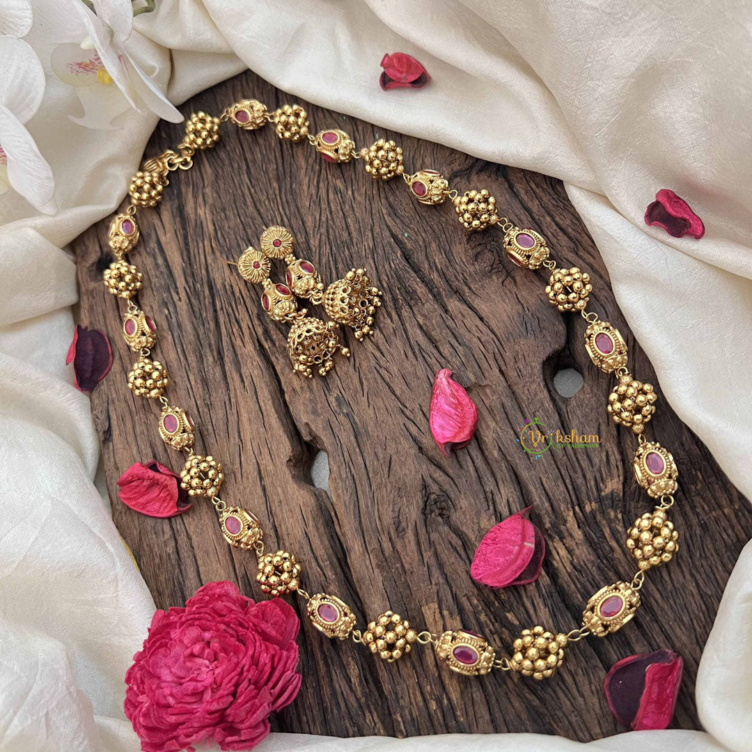 Vriksham Temple Inspired Kundan & Gold Ball Red Ruby Beaded Neckpiece-G20663