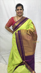 Vriksham Lime Green With Purple Double Border & Circular Zari Motifs Kanchi Silk Saree-VS4785