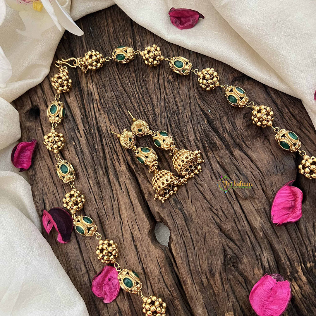 Vriksham Temple Inspired Kundan & Gold Ball Green Emerald Beaded Neckpiece-G20662