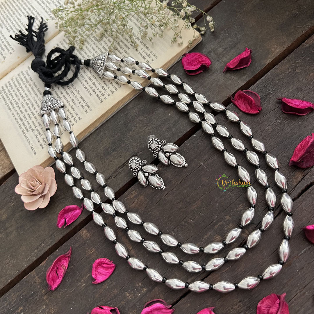 Vriksham Oxidized Silver Triple Layer Beaded Long Dolki Neckpiece-S975