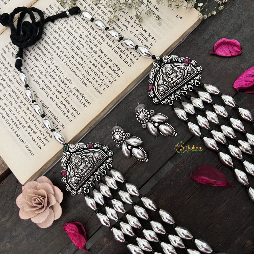Vriksham Oxidized Silver Multi-Strand  Lakshmi Motif Statement Long Dolki Neckpiece-S976