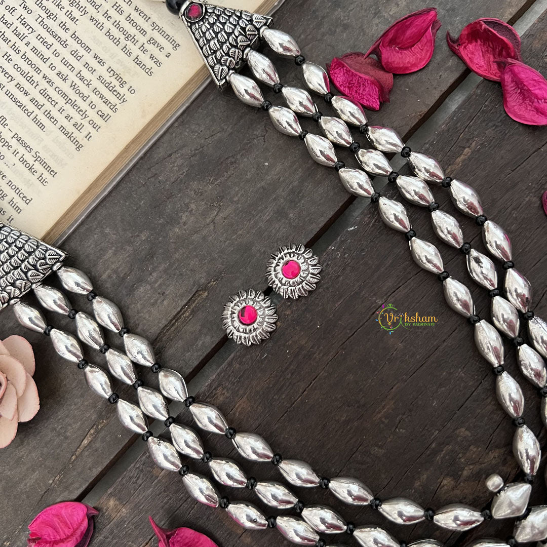 Vriksham Oxidized Silver Tribal Dome Pendant Long Dolki Neckpiece-Red-S972