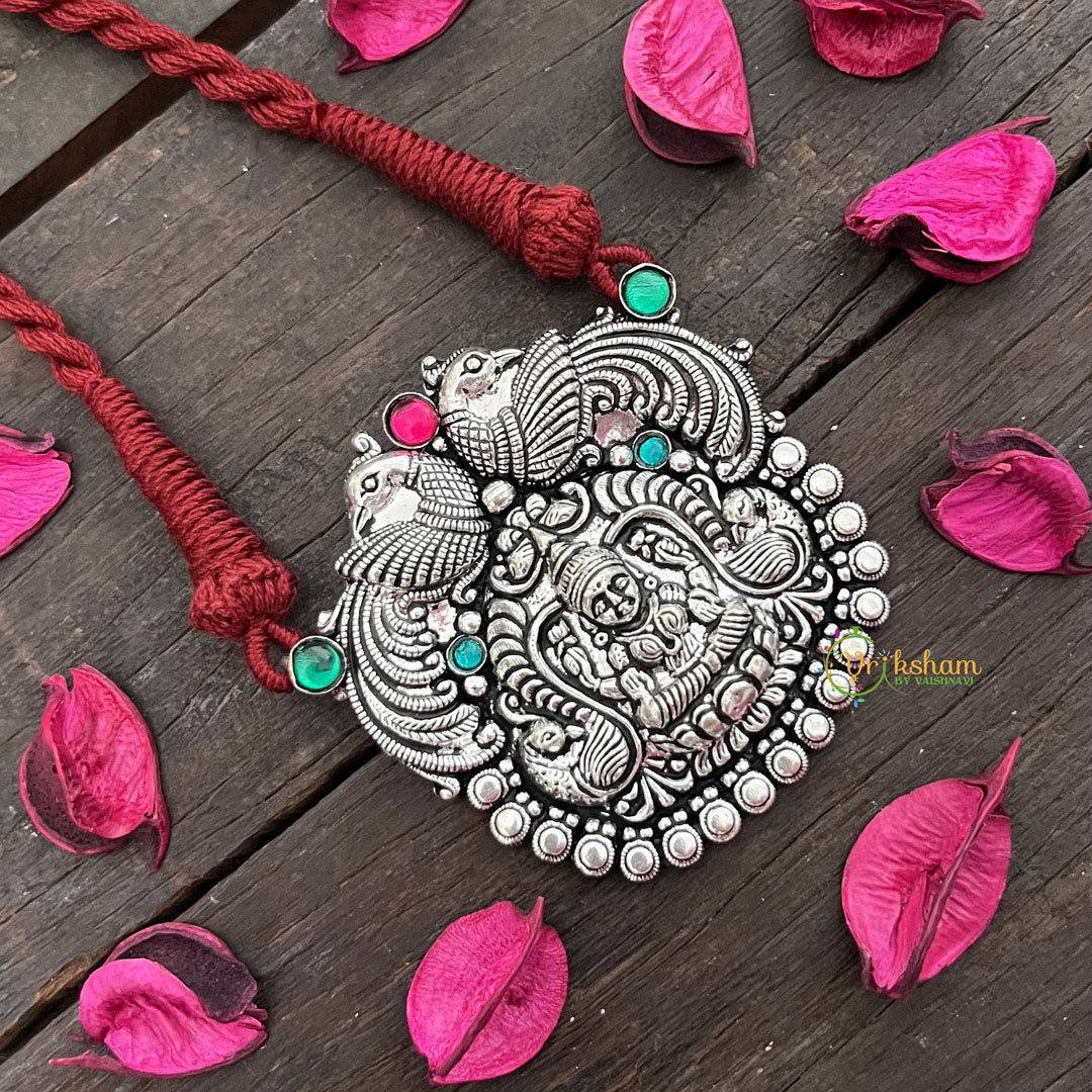Vriksham Oxidized Silver Temple With Dual Peacock and Lakshmi Motif-Red Thread Long Neckpiece-S977