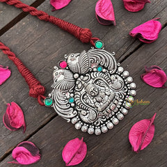 Vriksham Oxidized Silver Temple With Dual Peacock and Lakshmi Motif-Red Thread Long Neckpiece-S977
