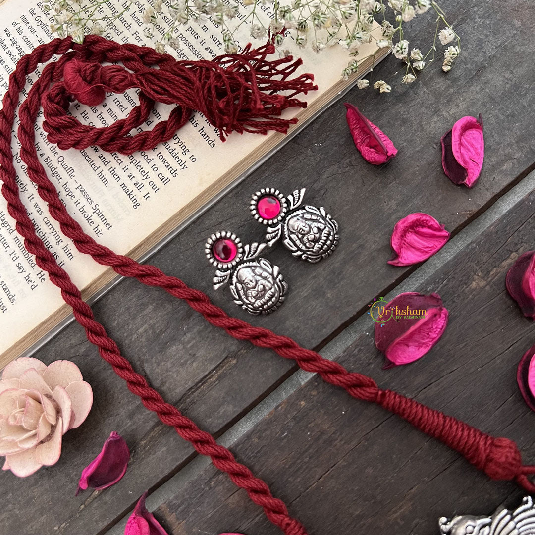 Vriksham Oxidized Silver Temple With Dual Peacock and Lakshmi Motif-Red Thread Long Neckpiece-S977