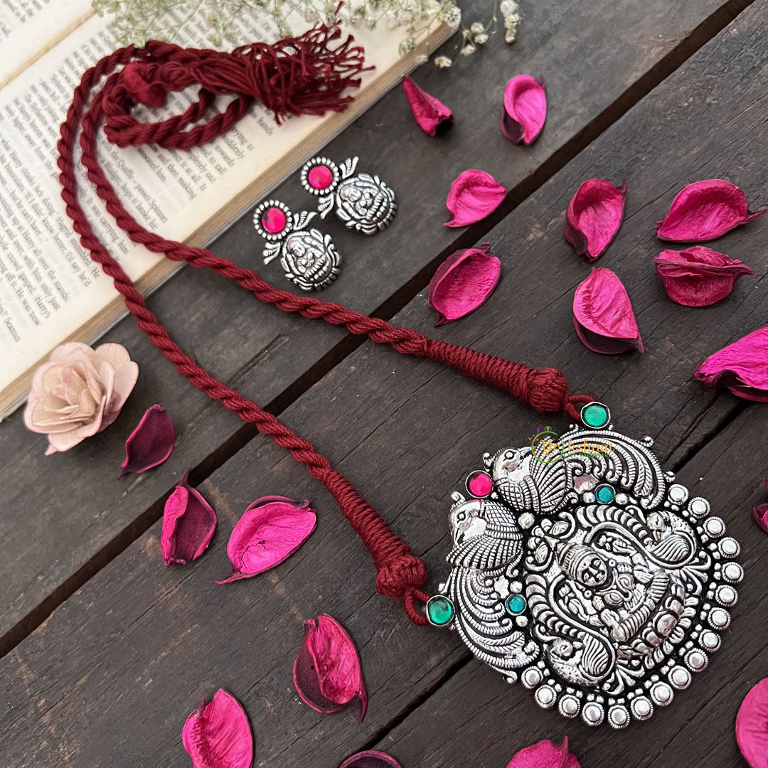 Vriksham Oxidized Silver Temple With Dual Peacock and Lakshmi Motif-Red Thread Long Neckpiece-S977