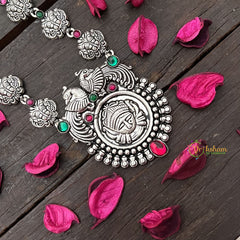 Vriksham Oxidized Silver Yakshagana Motif & Peacock Detailing With Black Thread Neckpiece-S978