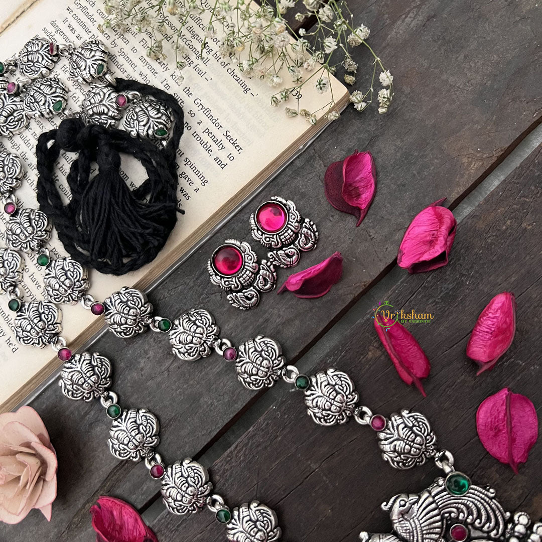 Vriksham Oxidized Silver Yakshagana Motif & Peacock Detailing With Black Thread Neckpiece-S978