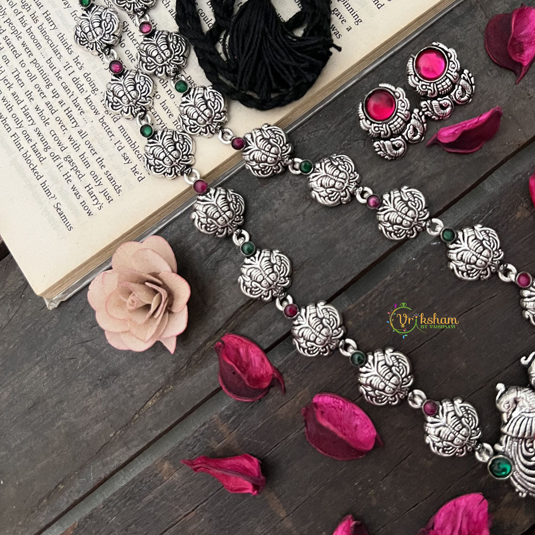 Vriksham Oxidized Silver Yakshagana Motif & Peacock Detailing With Black Thread Neckpiece-S978