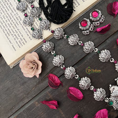 Vriksham Oxidized Silver Yakshagana Motif & Peacock Detailing With Black Thread Neckpiece-S978
