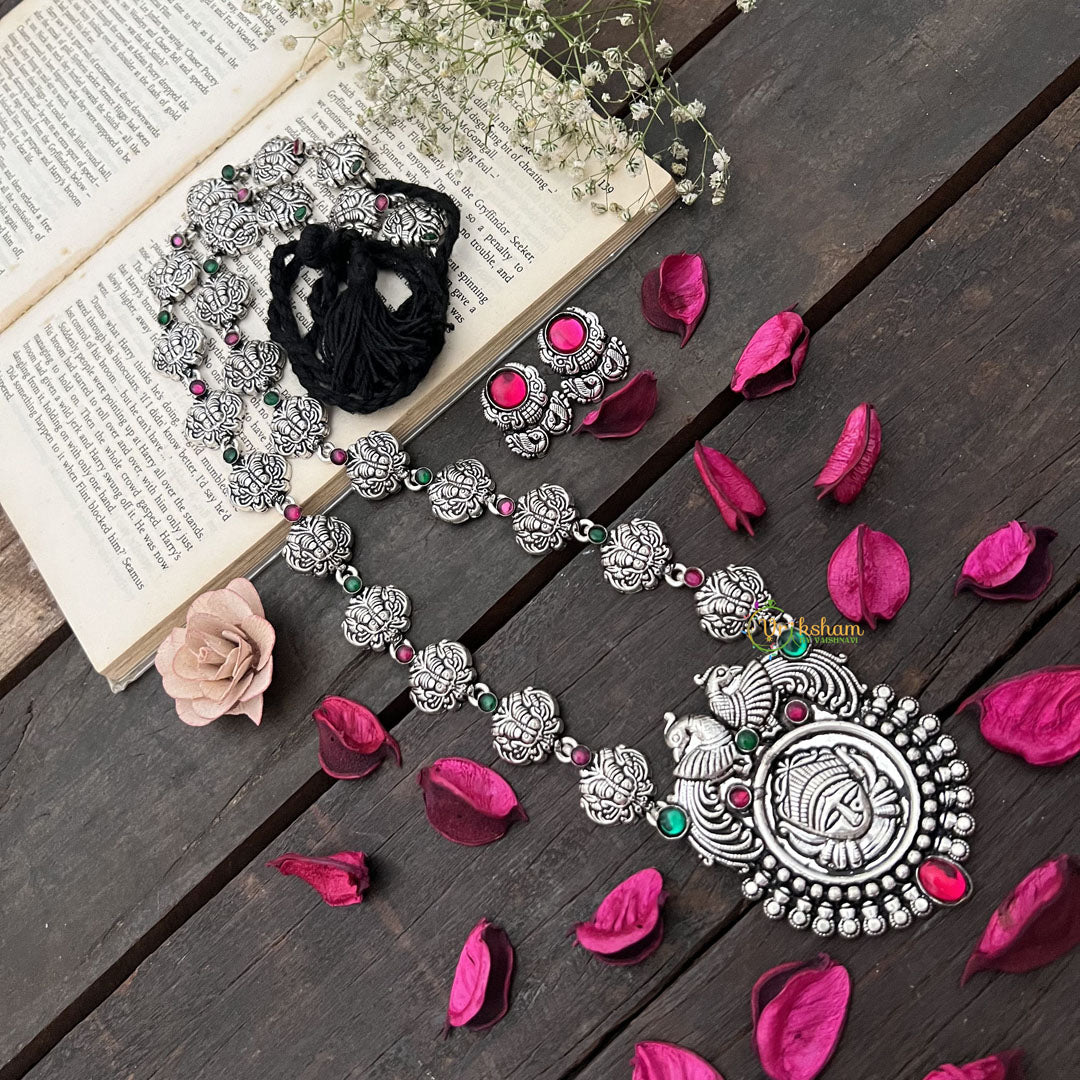 Vriksham Oxidized Silver Yakshagana Motif & Peacock Detailing With Black Thread Neckpiece-S978