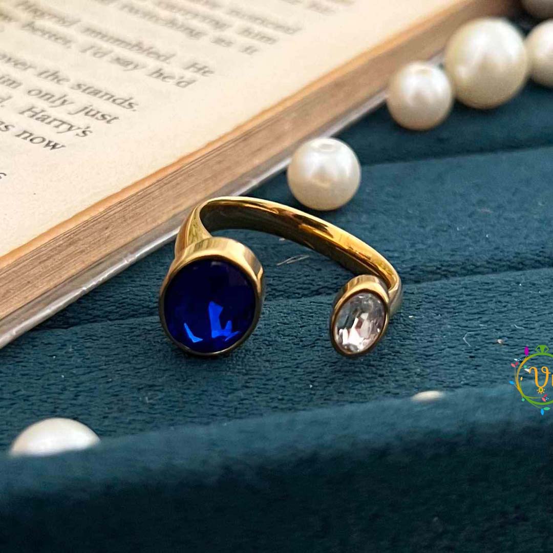 Vriksham Asymmetric Oval Blue & White Crystal Open-Band Ring Anti Tarnish Finger Ring- G21957