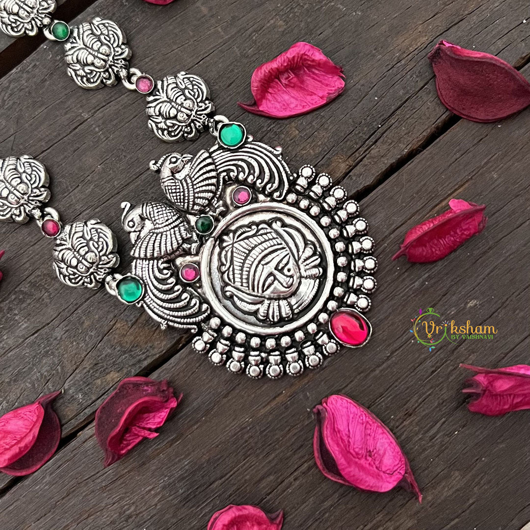 Vriksham Oxidized Silver Yakshagana Motif & Peacock Detailing With Black Thread Neckpiece-Red Green-S987