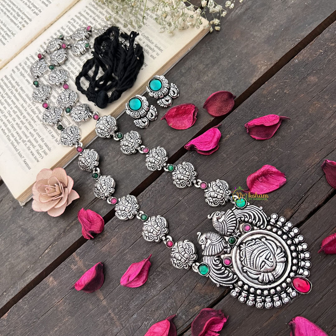 Vriksham Oxidized Silver Yakshagana Motif & Peacock Detailing With Black Thread Neckpiece-Red Green-S987