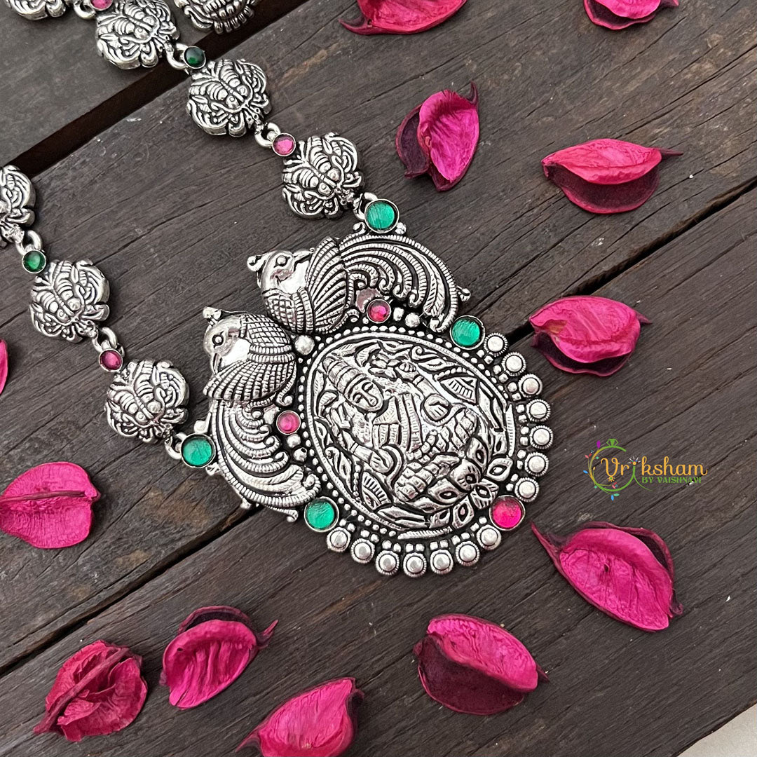 Vriksham Oxidized Silver Peacock Motif & Lakshmi Pendant With Black Thread Neckpiece-S985