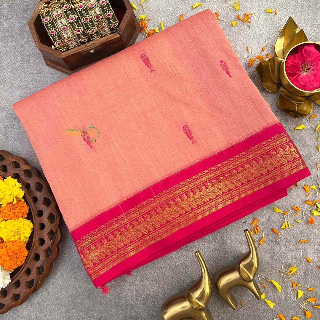 Vriksham Pastel Pink & Pink Border With Butta Design Kalyani Cotton Saree-VS4955