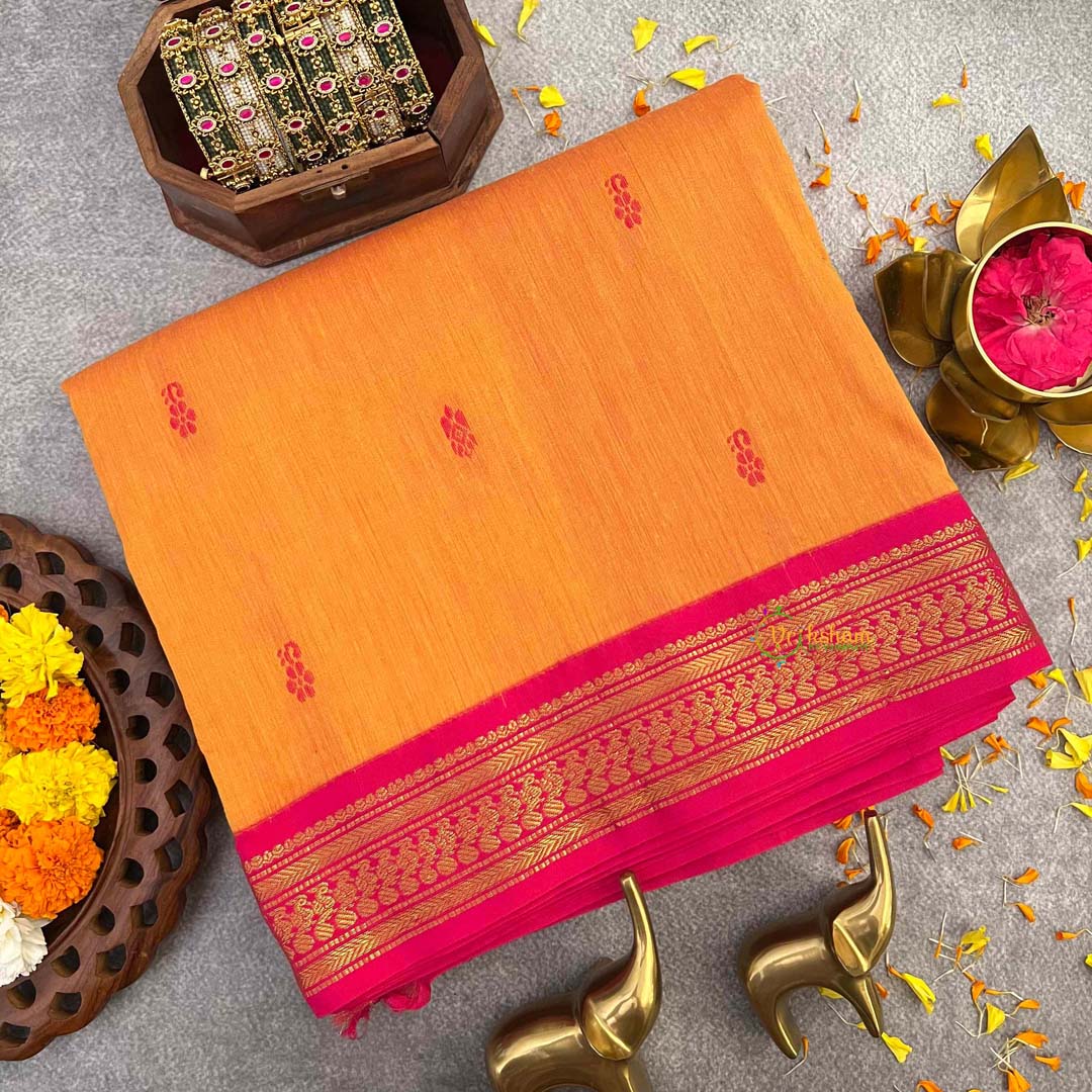 Vriksham Golden Yellow  & Pink Border With Butta Design Kalyani Cotton Saree-VS4972