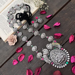 Vriksham Designer Dual Peacock & Lakshmi Oxidized Silver With Black Thread Neckpiece-S983
