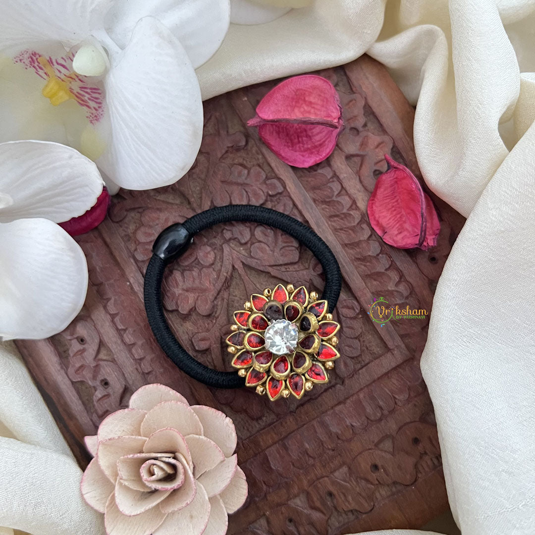 Vriksham Floral Tilak Shape Pendant Rubber Band-Red-H1056