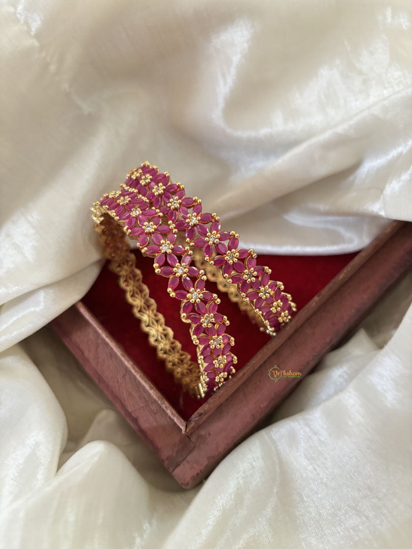 Gold Look Alike American Diamond Bangle Set-Red-G11250