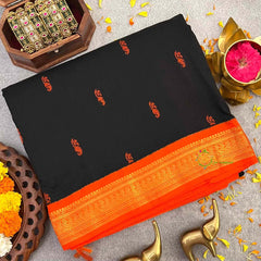 Vriksham Black & Orange Border With Golden Butta Design Kalyani Cotton Saree-VS4969