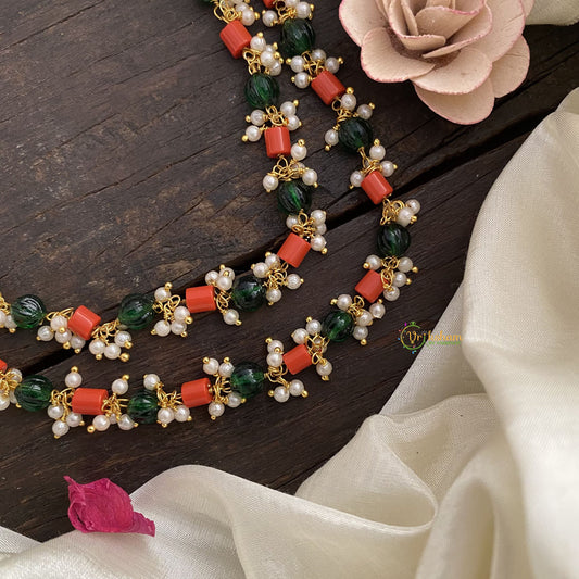 Vriksham Elegant Coral & Green Bead Pearl Mala-G17035