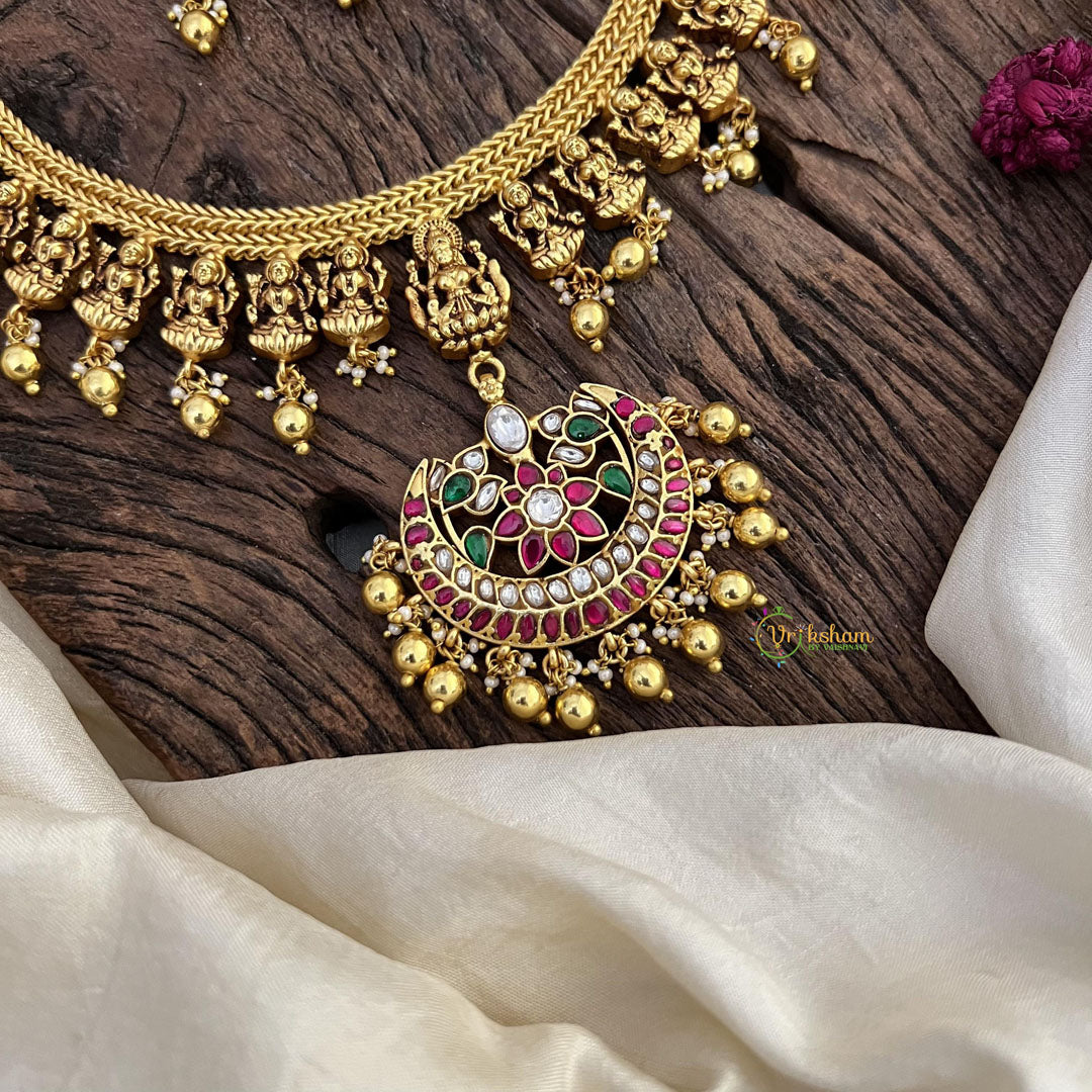 Lakshmi Jadau Kundan Short Neckpiece-Golden Beads-J2469