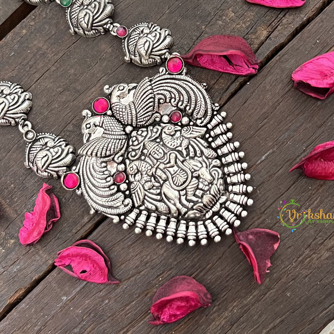 Vriksham Designer Krishna & Peacock Oxidized Silver With Black Thread Neckpiece-Red-S988