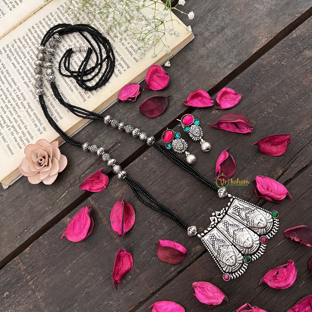 Vriksham German Silver Durga Maa Pendant Black Beaded Magalsutra-S990