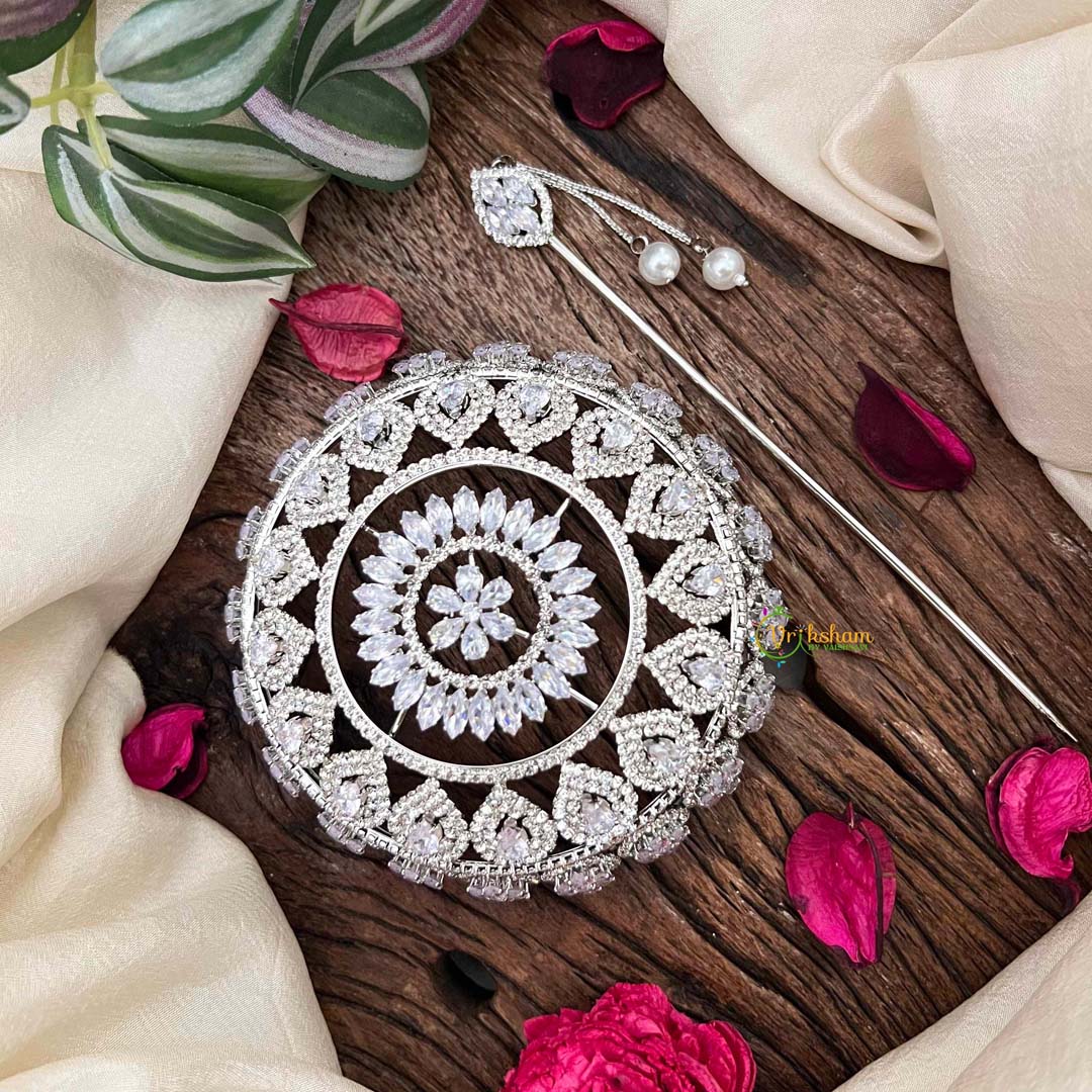 Vriksham Luxury Silver-Plated CZ Stone Studded Hair Bun Cage Accessory-BH1253