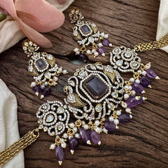 Elegant Victorian Diamond Dual Peacock Addigai-Purple Beads-VV1608