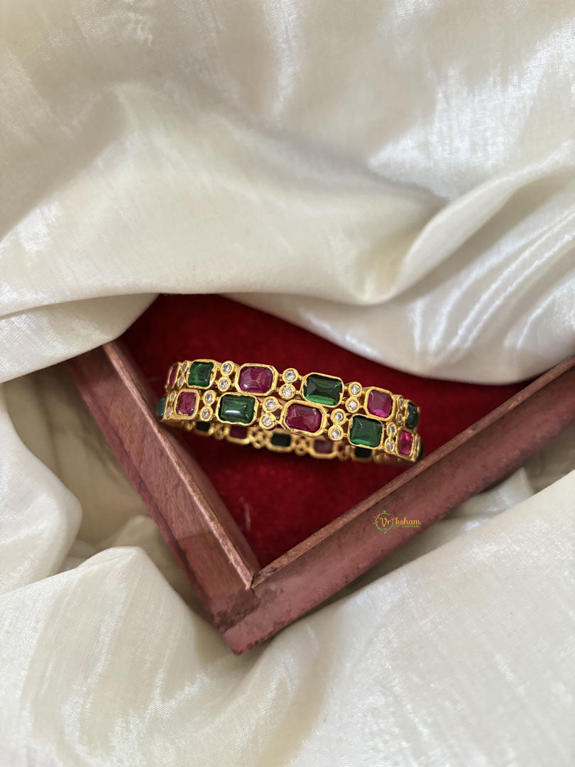 Gold Look Alike American Diamond Bangle Set-Red Green-G11225