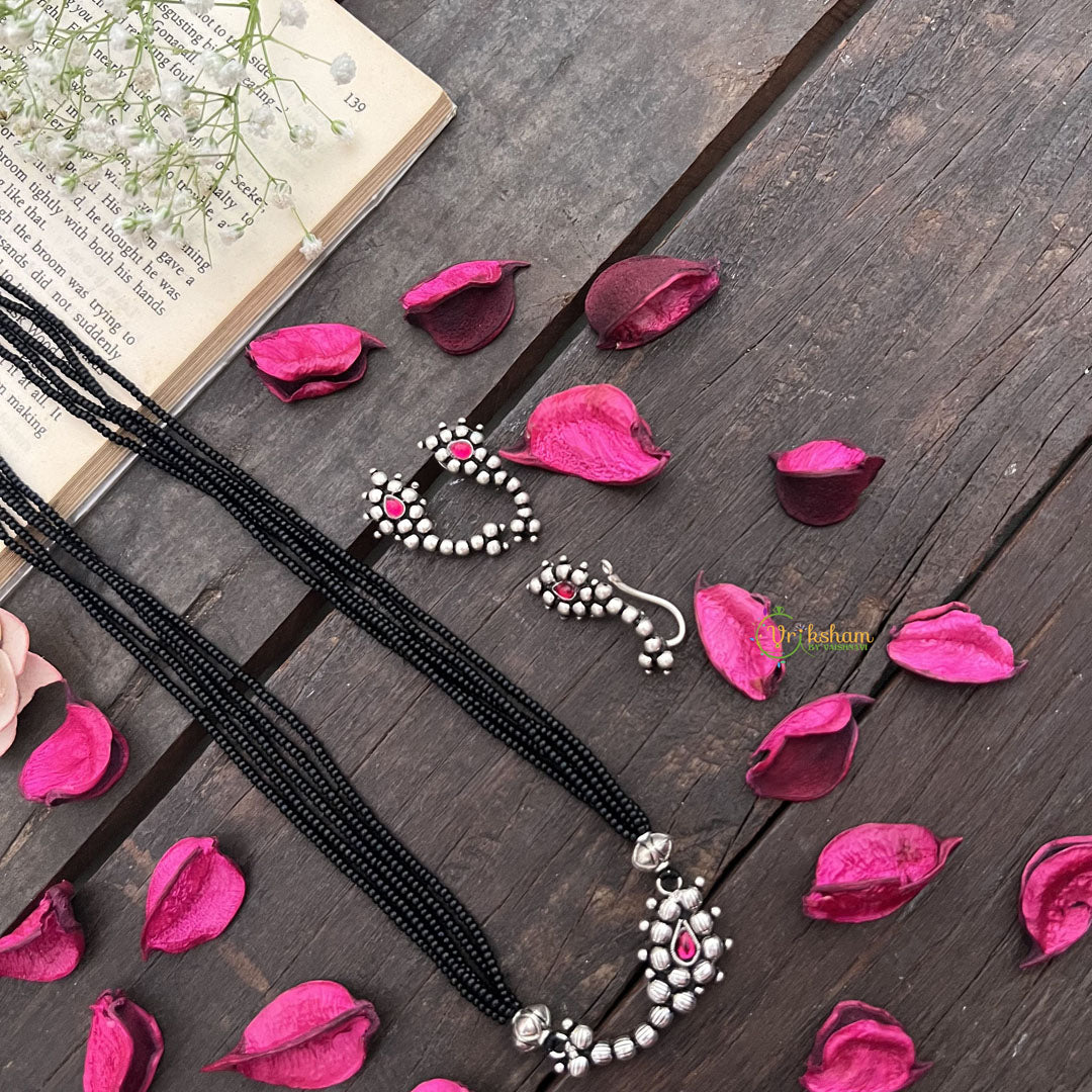 Vriksham Classic Traditional Nath Silver Oxidized Pendant & Nath With Black Beaded Magalsutra-S1006