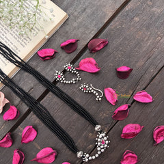 Vriksham Classic Traditional Nath Silver Oxidized Pendant & Nath With Black Beaded Magalsutra-S1006