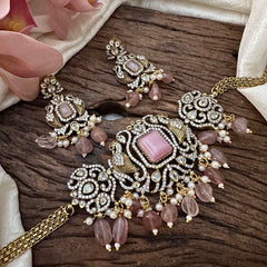 Elegant Victorian Diamond Dual Peacock Choker-Pastel Pink Beads-VV1607