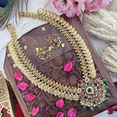 Vriksham Dual Peacock Kemp Stone Kaasumala-Lakshmi Coin Neckpiece-Pastel Green Bead-G18083