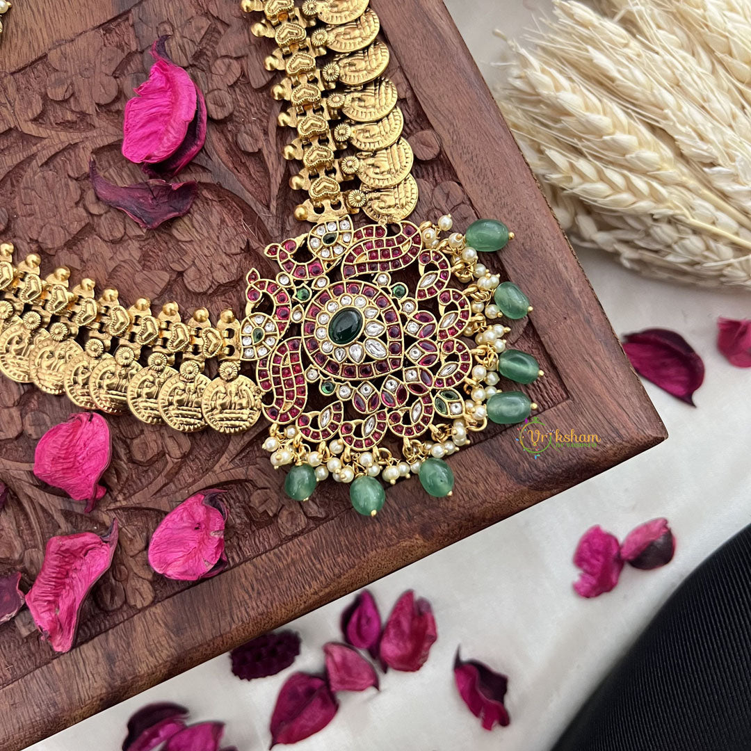 Vriksham Dual Peacock Kemp Stone Kaasumala-Lakshmi Coin Neckpiece-Pastel Green Bead-G18083