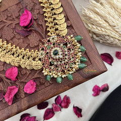 Vriksham Dual Peacock Kemp Stone Kaasumala-Lakshmi Coin Neckpiece-Pastel Green Bead-G18083